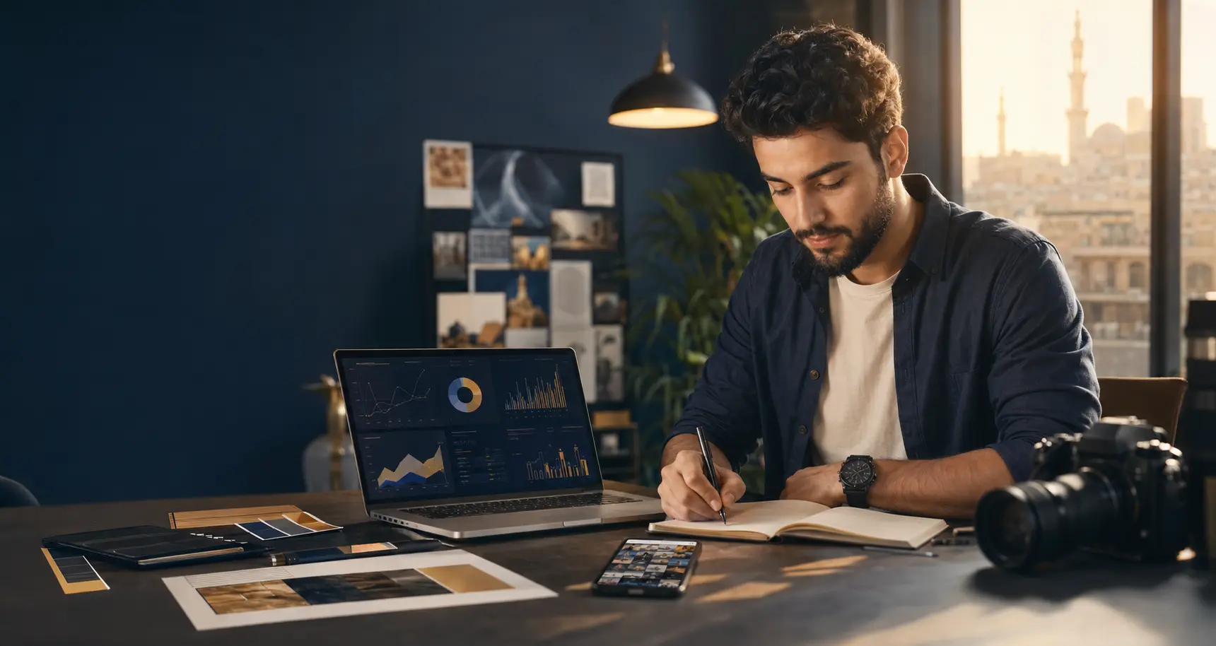 فريق AK-AD media يعمل على المحتوى والتحليلات الرقمية — AK-AD media digital marketing workspace