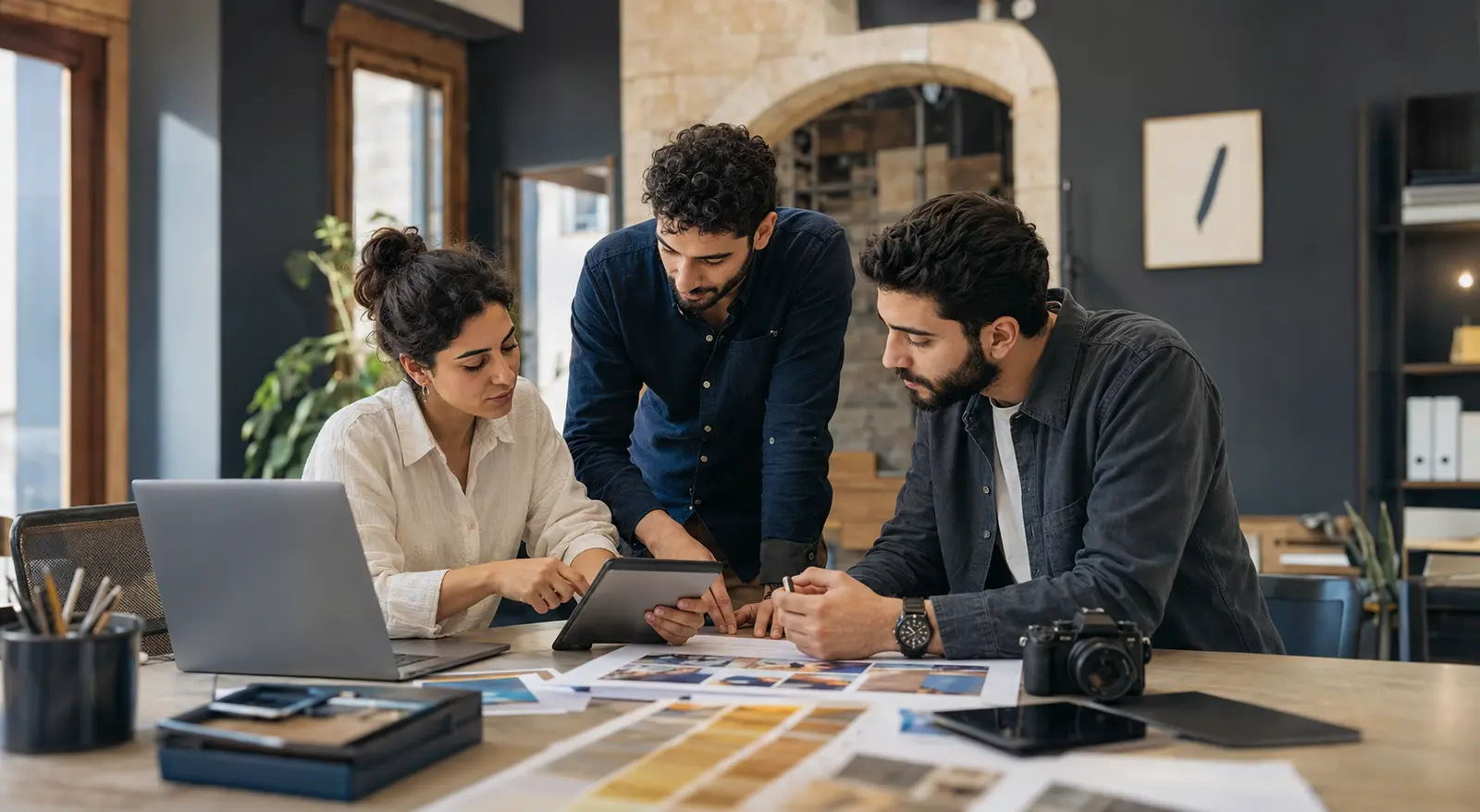 فريق إبداعي من الشرق الأوسط يتعاون على خطة نمو رقمية — Middle Eastern creative team collaborating